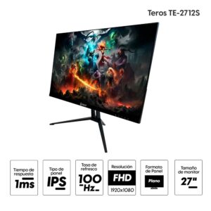 Monitor plano 27" Teros TE-2712S Panel IPS, FHD (1920x1080), 100Hz, 1ms, entradas HDMI/D-SUB VGA
